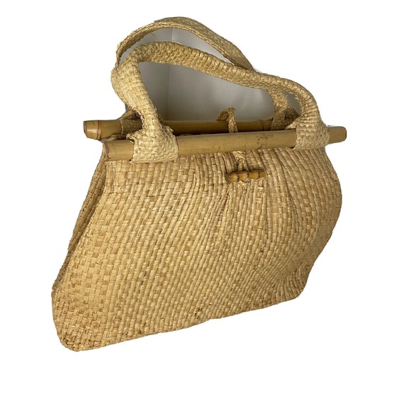 VTG Boho Mid-century Natural Straw Raffia Bag Tote Bamboo Accent Summer Beach - Picture 6 of 16